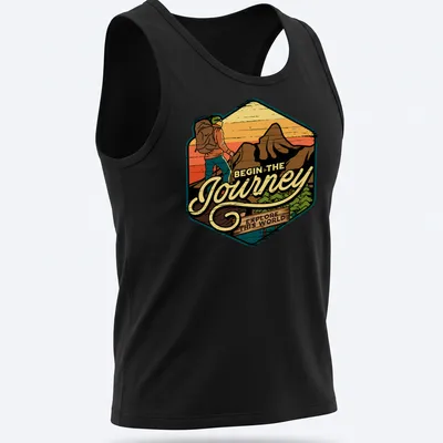Retro vintage hiker graphic t-shirt with inspirational text about adventure — printed on a tank top