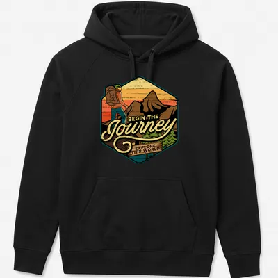 Retro vintage hiker graphic t-shirt with inspirational text about adventure — printed on a unisex hoodie