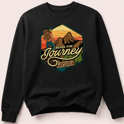 Retro vintage hiker graphic t-shirt with inspirational text about adventure — printed on a unisex sweatshirt