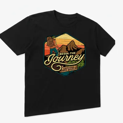 Retro vintage hiker graphic t-shirt with inspirational text about adventure — printed on a unisex t-shirt (angled view)
