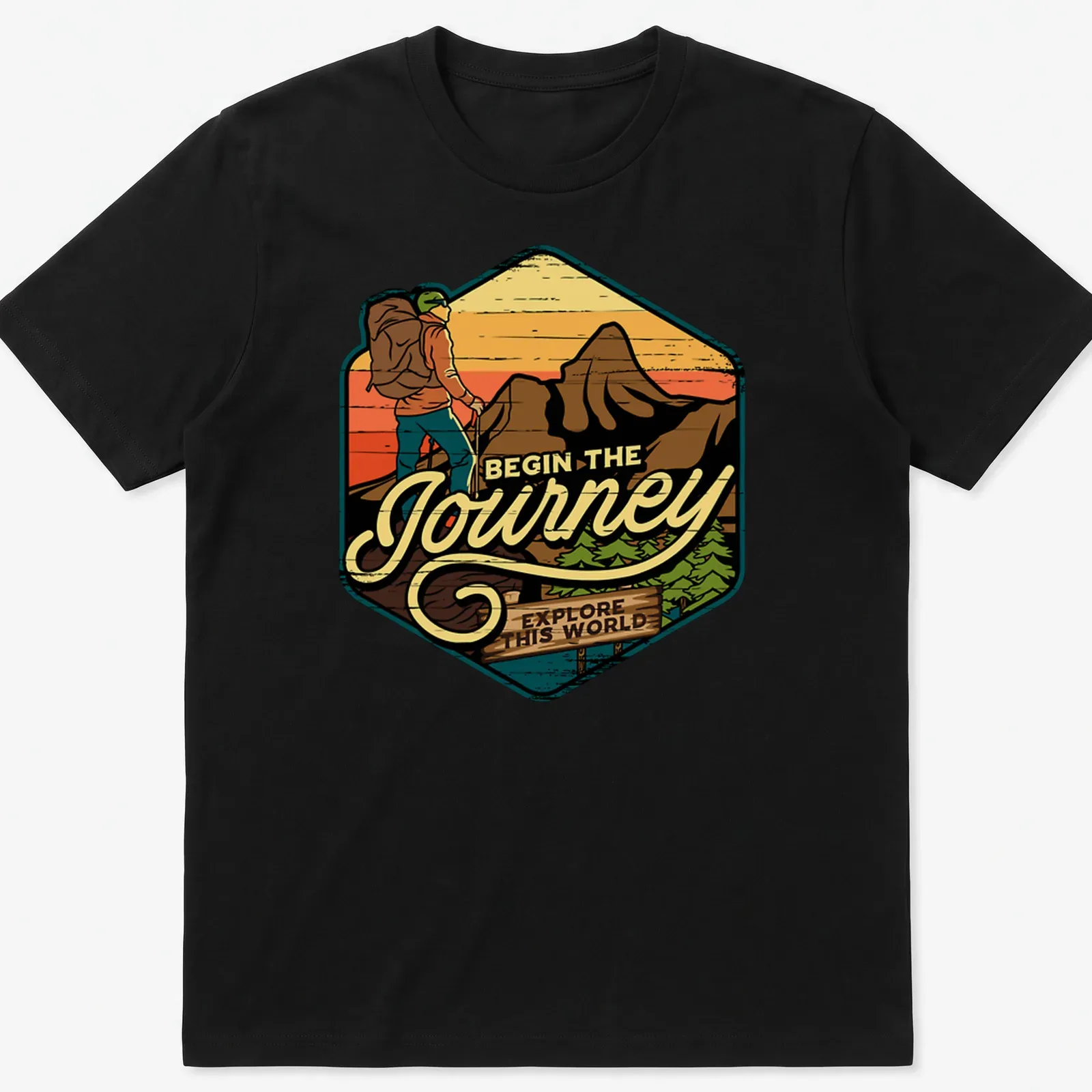 Retro vintage hiker graphic t-shirt with inspirational text about adventure — printed on a unisex t-shirt