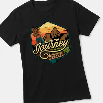 Retro vintage hiker graphic t-shirt with inspirational text about adventure — printed on a women's shirt