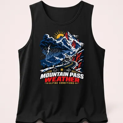 Vintage illustration of a mountain pass with text about alpine conditions — printed on a tank top
