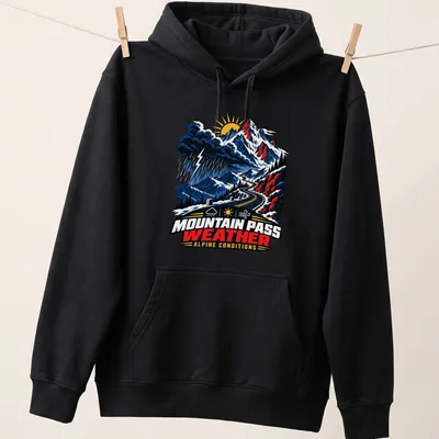 Vintage illustration of a mountain pass with text about alpine conditions — printed on a unisex hoodie