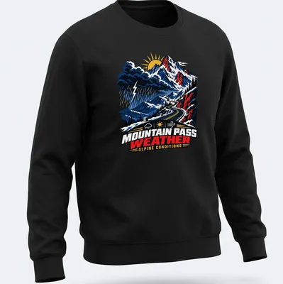 Vintage illustration of a mountain pass with text about alpine conditions — printed on a unisex sweatshirt