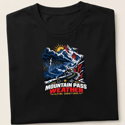 Vintage illustration of a mountain pass with text about alpine conditions — printed on a unisex t-shirt