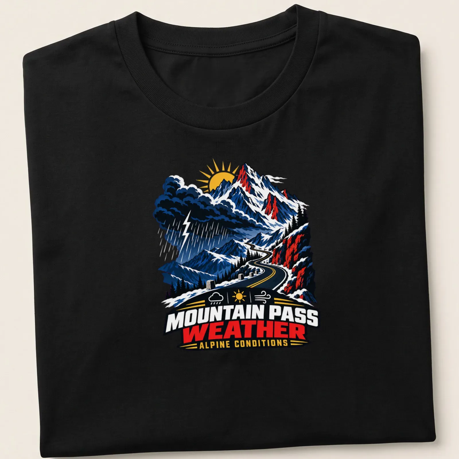 Vintage illustration of a mountain pass with text about alpine conditions — printed on a unisex t-shirt