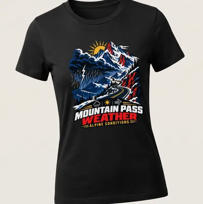 Vintage illustration of a mountain pass with text about alpine conditions — printed on a women's shirt