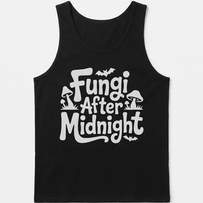 Whimsical illustration of mushrooms with 'Fungi After Midnight' text in purple, green, and blue. — printed on a tank top
