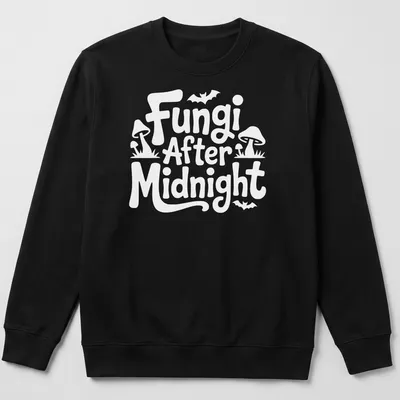 Whimsical illustration of mushrooms with 'Fungi After Midnight' text in purple, green, and blue. — printed on a unisex sweatshirt