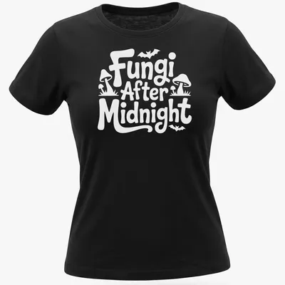 Whimsical illustration of mushrooms with 'Fungi After Midnight' text in purple, green, and blue. — printed on a women's shirt