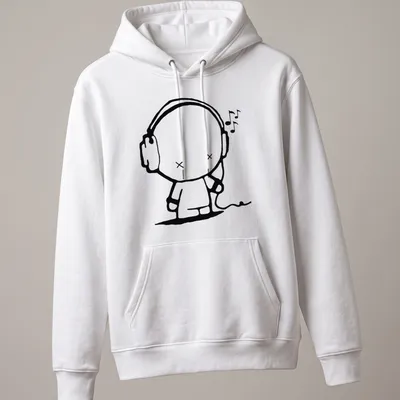 Kawaii line-art shirt featuring a cheerful music character with headphones — printed on a unisex hoodie