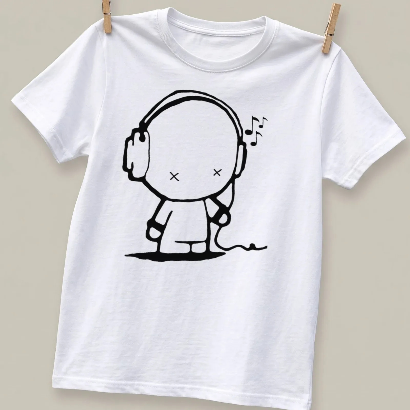Kawaii line-art shirt featuring a cheerful music character with headphones — printed on a unisex t-shirt