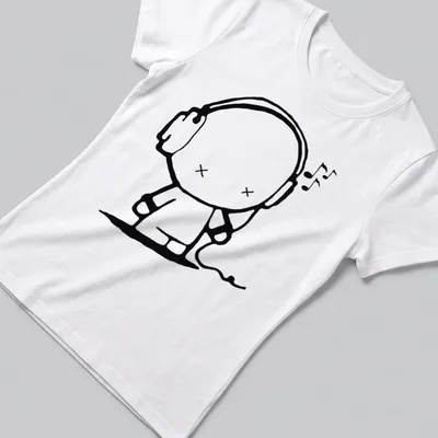 Kawaii line-art shirt featuring a cheerful music character with headphones — printed on a women's shirt