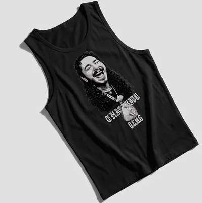 Black and white illustration of a smiling man with curly hair and text THIC ITO C.E.M.G — printed on a tank top