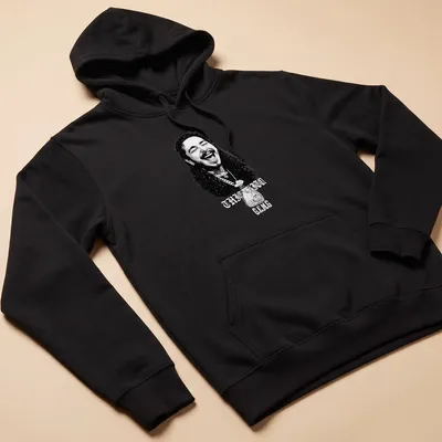 Black and white illustration of a smiling man with curly hair and text THIC ITO C.E.M.G — printed on a unisex hoodie