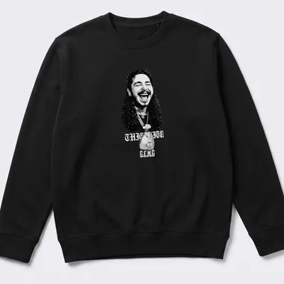 Black and white illustration of a smiling man with curly hair and text THIC ITO C.E.M.G — printed on a unisex sweatshirt
