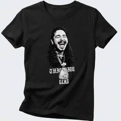 Black and white illustration of a smiling man with curly hair and text THIC ITO C.E.M.G — printed on a women's shirt