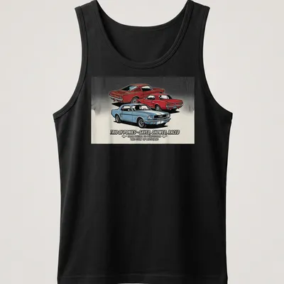 Vintage illustration of Mustangs with bold text about their legacy in blue, red, and black. — printed on a tank top