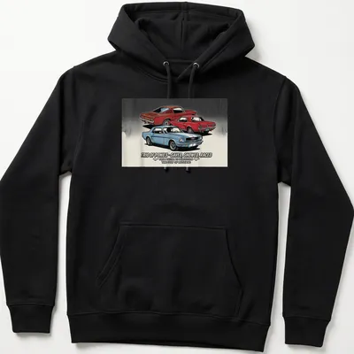 Vintage illustration of Mustangs with bold text about their legacy in blue, red, and black. — printed on a unisex hoodie