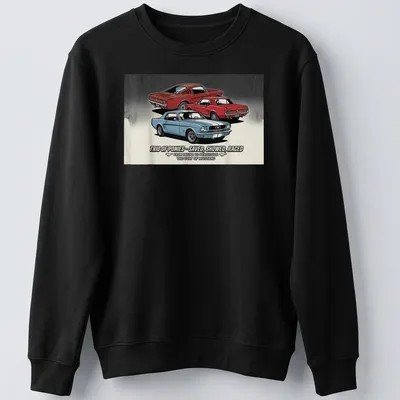 Vintage illustration of Mustangs with bold text about their legacy in blue, red, and black. — printed on a unisex sweatshirt
