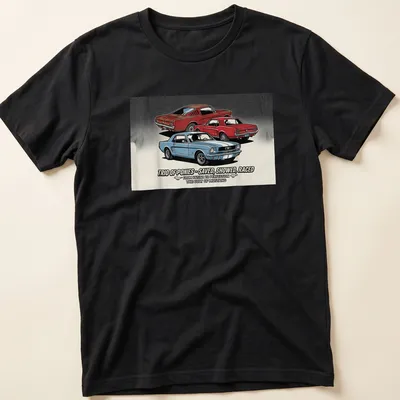 Vintage illustration of Mustangs with bold text about their legacy in blue, red, and black.