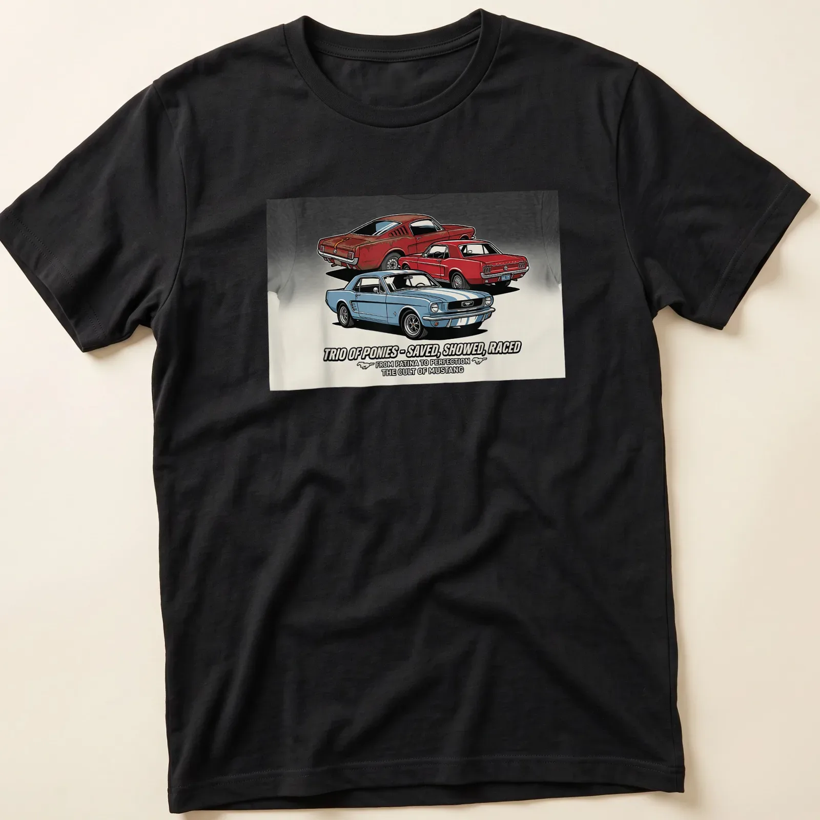 Vintage illustration of Mustangs with bold text about their legacy in blue, red, and black. — printed on a unisex t-shirt