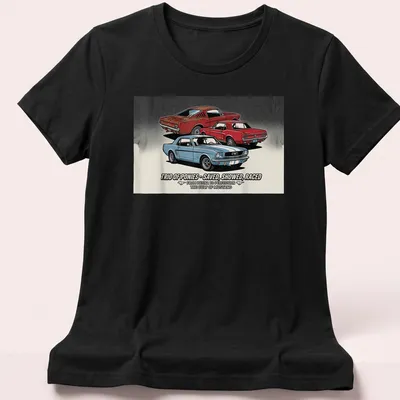 Vintage illustration of Mustangs with bold text about their legacy in blue, red, and black. — printed on a women's shirt