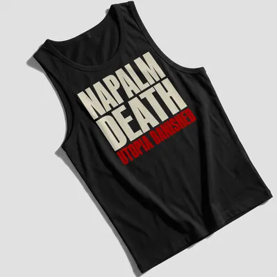 Bold typography Napalm Death Utopia Banished T-shirt design in white and red — printed on a tank top