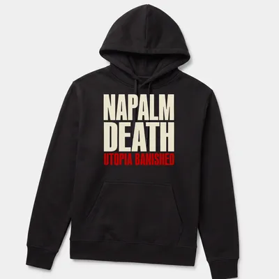 Bold typography Napalm Death Utopia Banished T-shirt design in white and red — printed on a unisex hoodie