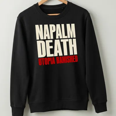 Bold typography Napalm Death Utopia Banished T-shirt design in white and red — printed on a unisex sweatshirt