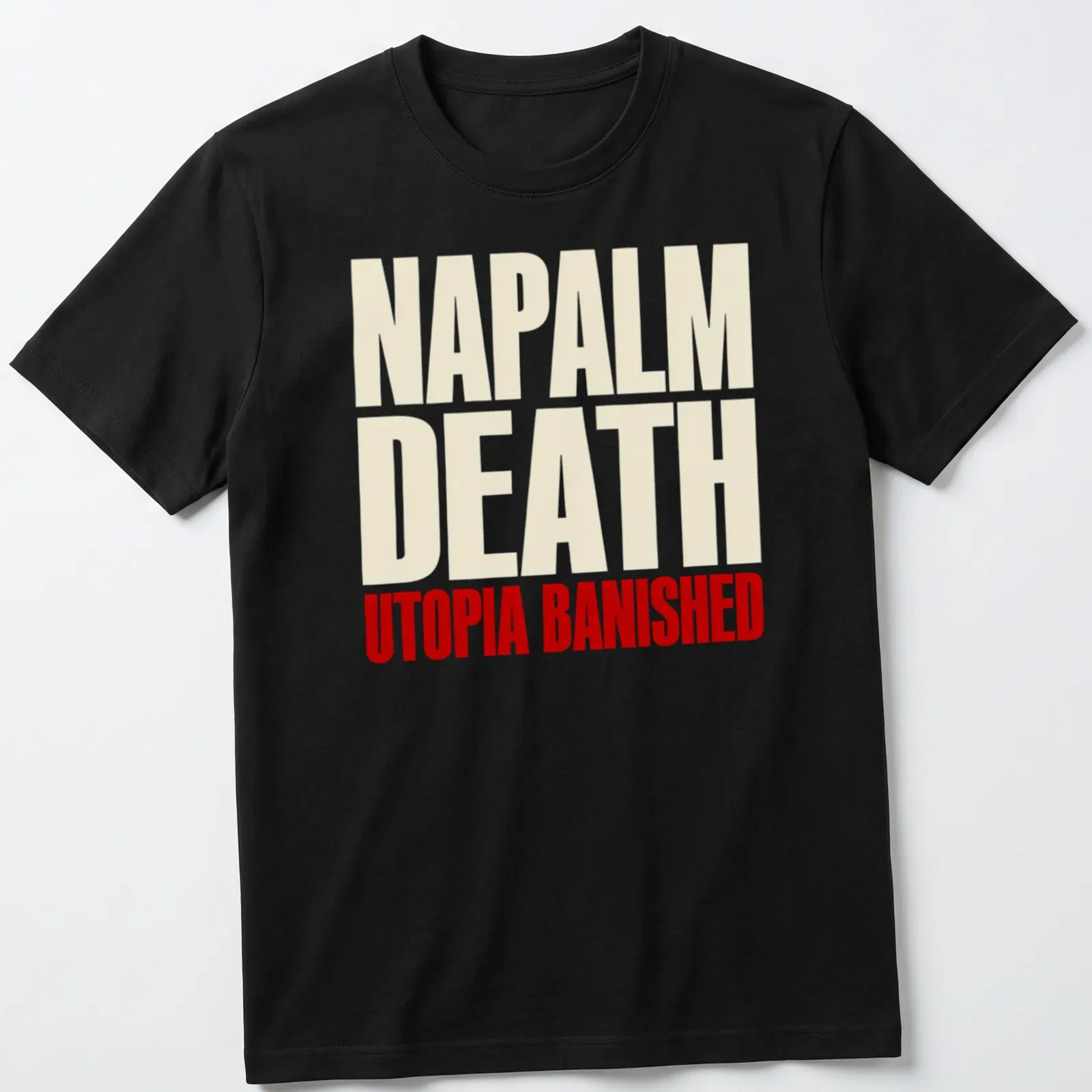 Bold typography Napalm Death Utopia Banished T-shirt design in white and red — printed on a unisex t-shirt
