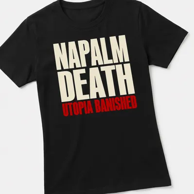 Bold typography Napalm Death Utopia Banished T-shirt design in white and red — printed on a women's shirt