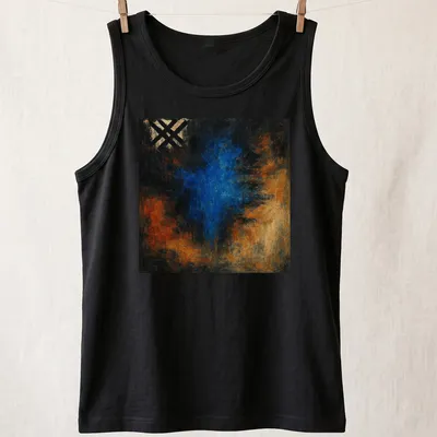 Abstract nebula illustration in blue and orange on a black background — printed on a tank top