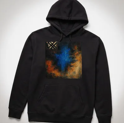 Abstract nebula illustration in blue and orange on a black background — printed on a unisex hoodie