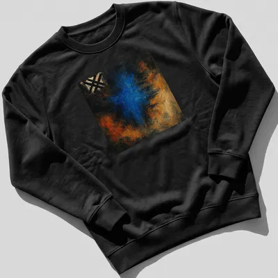 Abstract nebula illustration in blue and orange on a black background — printed on a unisex sweatshirt