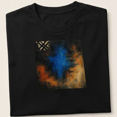 Abstract nebula illustration in blue and orange on a black background — printed on a unisex t-shirt