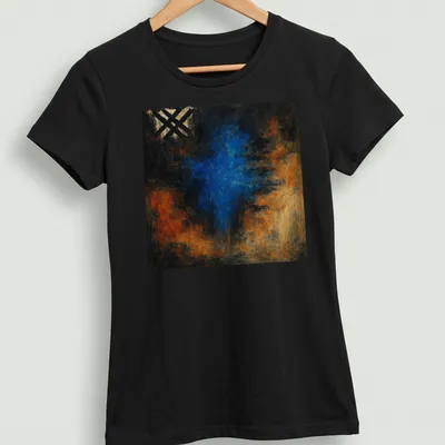 Abstract nebula illustration in blue and orange on a black background — printed on a women's shirt