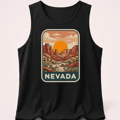 Retro print featuring a sunset over Nevada's desert canyon landscape — printed on a tank top