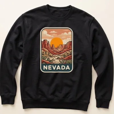 Retro print featuring a sunset over Nevada's desert canyon landscape — printed on a unisex sweatshirt