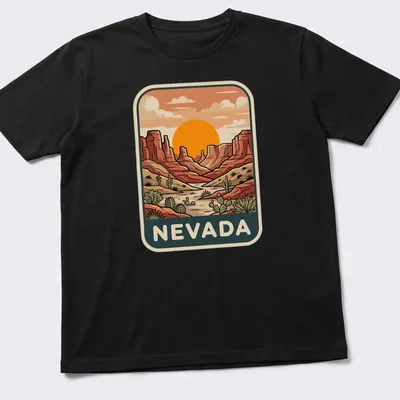 Retro print featuring a sunset over Nevada's desert canyon landscape