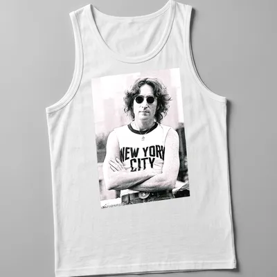 Black and white photograph of John Lennon with 'New York City' text — printed on a tank top