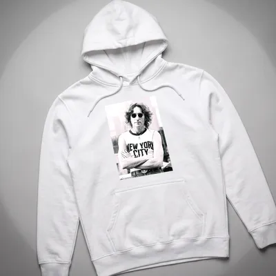 Black and white photograph of John Lennon with 'New York City' text — printed on a unisex hoodie