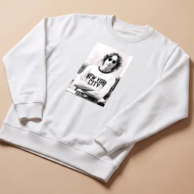 Black and white photograph of John Lennon with 'New York City' text — printed on a unisex sweatshirt