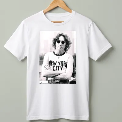 Black and white photograph of John Lennon with 'New York City' text