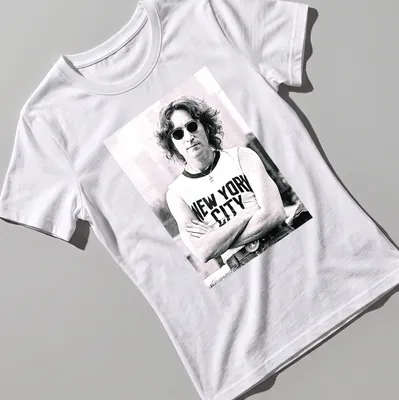 Black and white photograph of John Lennon with 'New York City' text — printed on a women's shirt