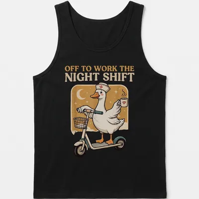 Cartoon nurse goose with stethoscope and text about night shift — printed on a tank top