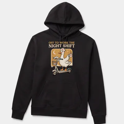 Cartoon nurse goose with stethoscope and text about night shift — printed on a unisex hoodie