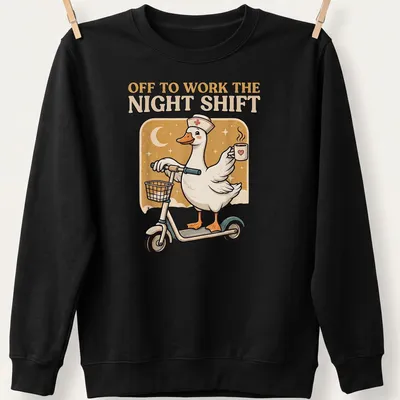 Cartoon nurse goose with stethoscope and text about night shift — printed on a unisex sweatshirt