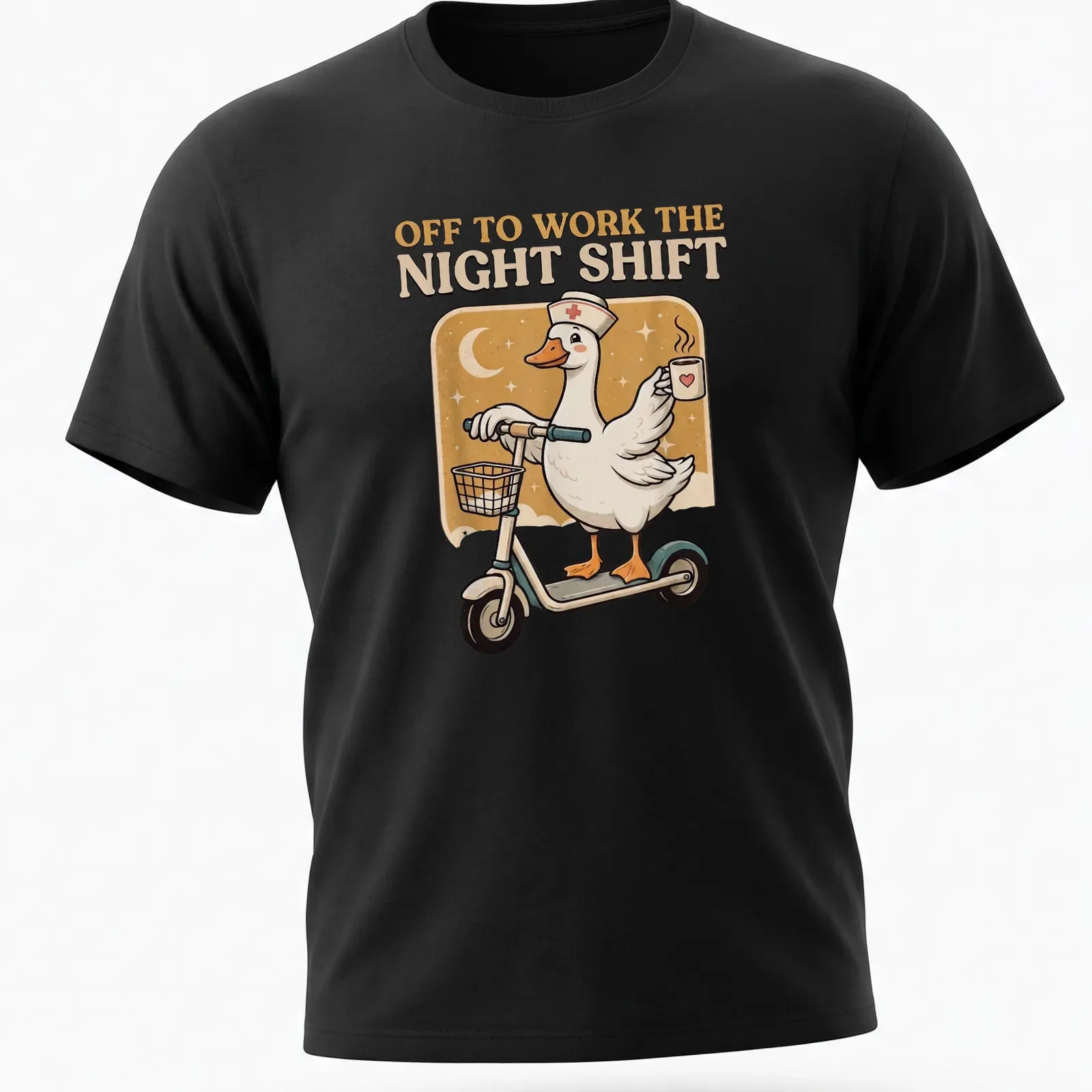 Cartoon nurse goose with stethoscope and text about night shift — printed on a unisex t-shirt